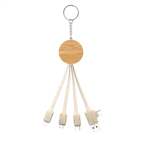 Bamboo Charging Cable Wood Charger Cable Multi Connector Dual Input Cable Sustainable Wheat Straw Lanyard cable Customized logo for Promotion