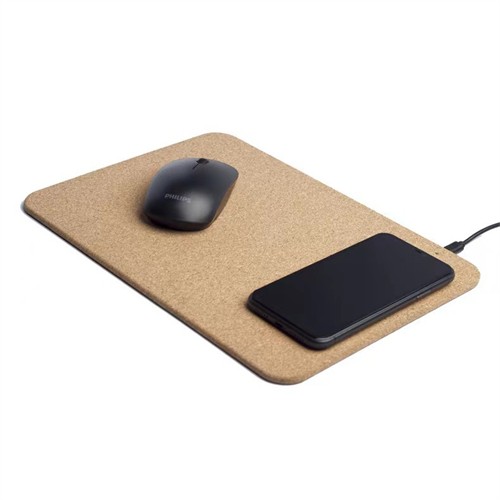 Ecofriendly Soft Wood Wireless Charging Station Cork Wireless Charger with Mousepad Customized logo for Promotion