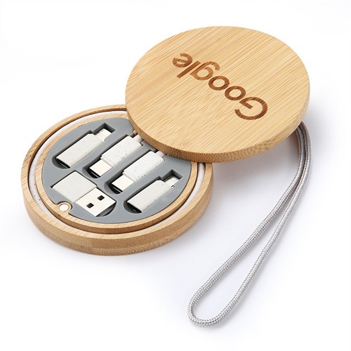 Mobile Phone Charging Kit Portable Charger Cables Set Sustainable Wooden or Bamboo box Customized logo for Promotion
