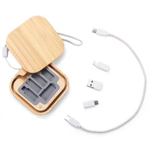Multi Mobile Phone Charging Set Portable Charger Cables Kit Ecofriendly Wooden or Bamboo box Customized logo for Promotional Gifts