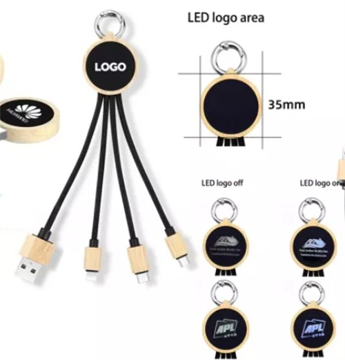 Multi Charging Cable Luminous Charger Cable Ecofriendly Wooden or Bamboo Phone Cable Customized LED logo for Promotional Gifts