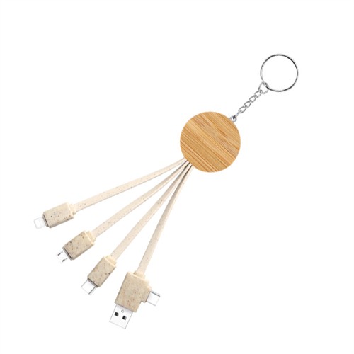 Bamboo Charging Cable Wood Charger Cable Multi Connector Dual Input Cable Sustainable Wheat Straw Lanyard cable Customized logo for Promotion