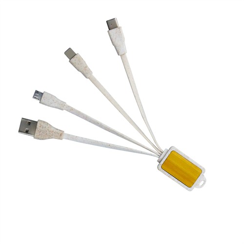 Ecofriendly Charging Cable USB Charger Cable Multi Connector Phone Cable Sustainable Wheat Straw Cable Customized logo on Wood or Bamboo for Promotion