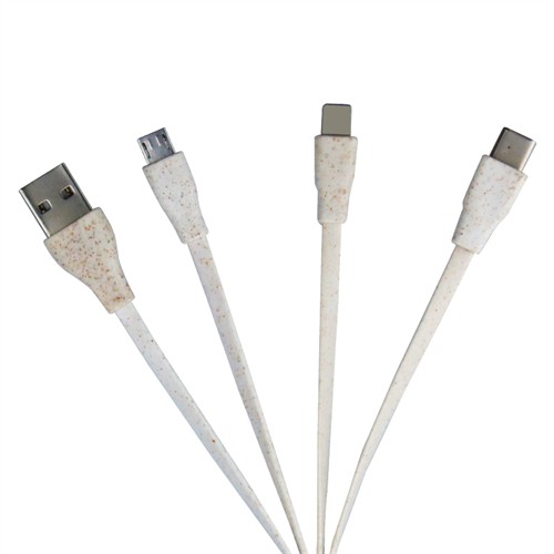 Ecofriendly Charging Cable USB Charger Cable Multi Connector Phone Cable Sustainable Wheat Straw Cable Customized logo on Wood or Bamboo for Promotion