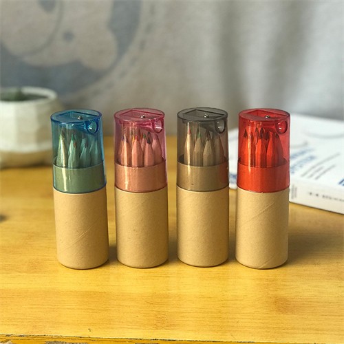 Custom Wooden Pencils Set Long or Short Color Pencils Set 6pcs or 12pcs Kraft Paper Tube with Sharpener for Promotional Gifts 