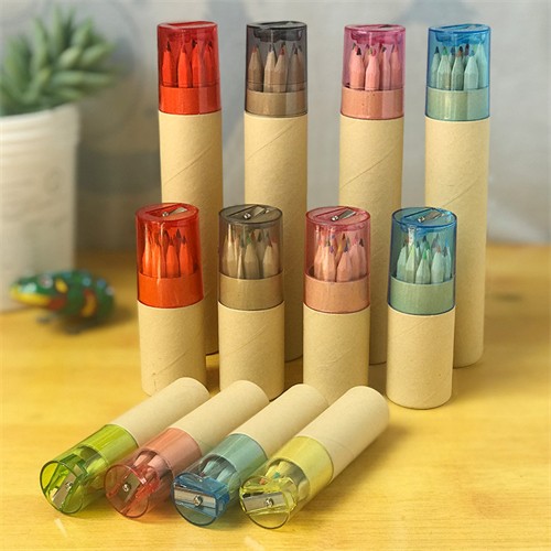 Custom Wooden Pencils Set Long or Short Color Pencils Set 6pcs or 12pcs Kraft Paper Tube with Sharpener for Promotional Gifts 