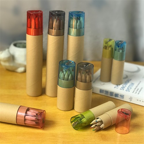 Custom Wooden Pencils Set Long or Short Color Pencils Set 6pcs or 12pcs Kraft Paper Tube with Sharpener for Promotional Gifts 