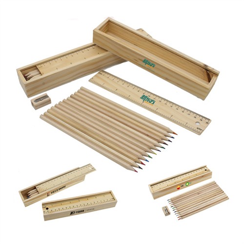 Sustainable Wooden Pencils Set Eco Color Pencils Set Customized Wooden Box Packing for Promotional Gifts