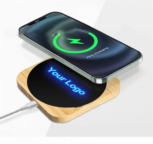 New Lighting Wireless Charger LED Wireless Charging Station Round or Square Model in Bamboo or Wooden Custom logo for Gifts
