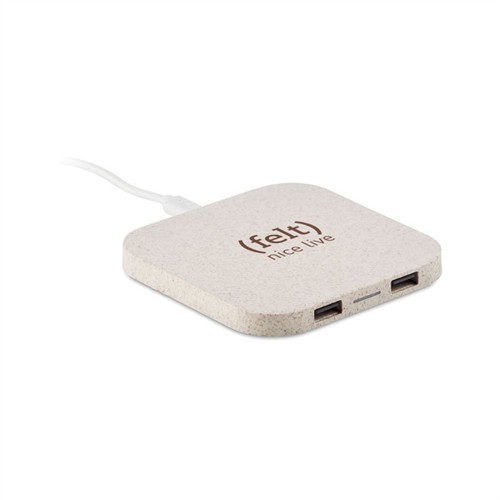 Eco Wheat Straw Wireless Charging Station Square Wireless Charger Dual Output Customized logo for Promotional Gifts