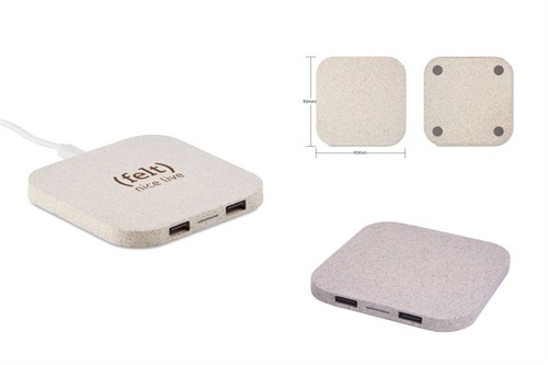 Eco Wheat Straw Wireless Charging Station Square Wireless Charger Dual Output Customized logo for Promotional Gifts