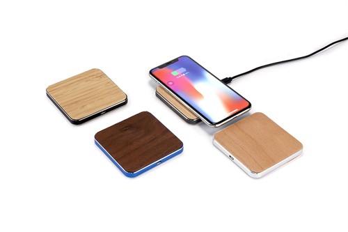 Square Wireless Charger Bamboo Model  Wireless Charging Wooden Case Metallic Colorful Base Customized logo for Promotion