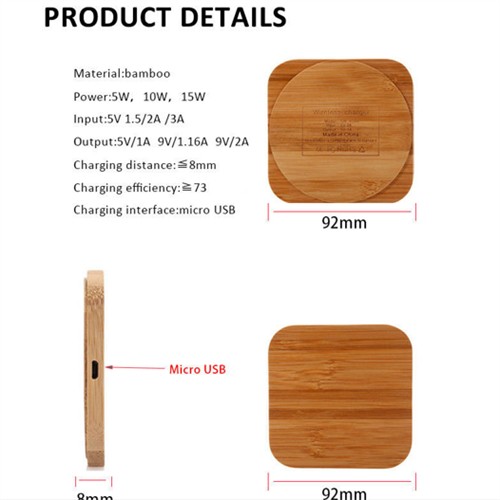 Square Wireless Charger Bamboo Model Wooden Wireless Charging Case Customized logo for Promotional Gifts