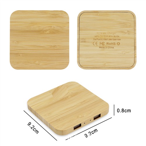 Square Wireless Charger Bamboo Model Dual Output Wooden Wireless Charging Case Customized logo for Promotional Gifts