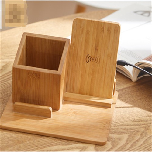 Multifunctional Wireless Charger Phone Holder Wood Pen Holder Bamboo Charging Holder Model Customized Logo for Gifts Set