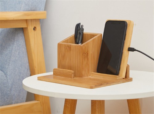 Multifunctional Wireless Charger Phone Holder Wood Pen Holder Bamboo Charging Holder Model Customized Logo for Gifts Set