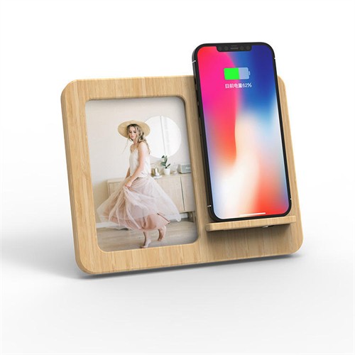 Bamboo Wireless Charger Wooden Phone Charging Pad Wood Photo Frame Customized Logo for Gifts