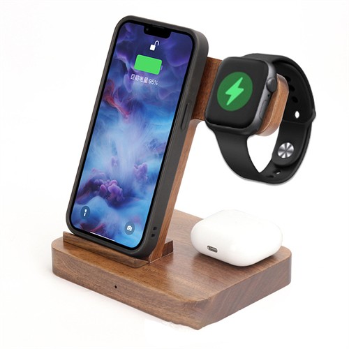 Multifunctional Wireless Charging Station Wooden Wireless Charger iPhone iWatch Power Charger Bamboo Charging Set Customized Logo for Promotion