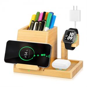 Multifunctional Phone Charging Station Wooden Wireless Charger Bamboo Charging Set Pen Holder Customized Logo for Gifts