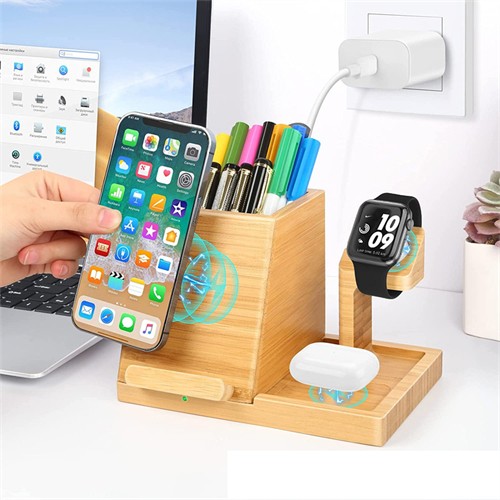 Multifunctional Phone Charging Station Wooden Wireless Charger Bamboo Charging Set Pen Holder Customized Logo for Gifts