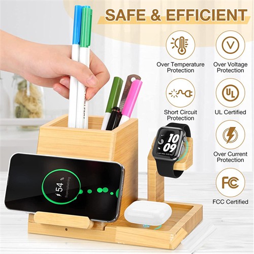 Multifunctional Phone Charging Station Wooden Wireless Charger Bamboo Charging Set Pen Holder Customized Logo for Gifts