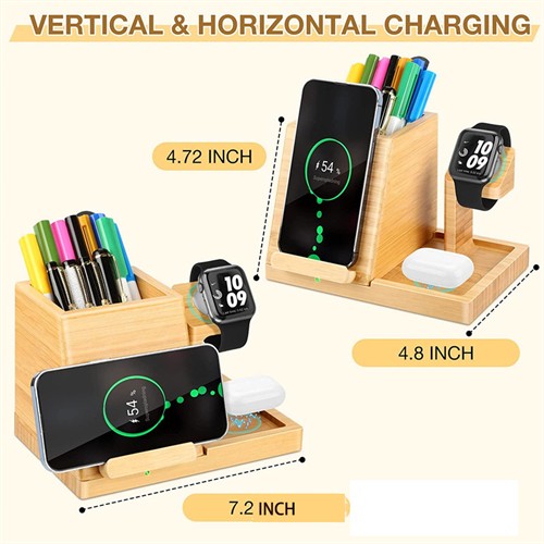 Multifunctional Phone Charging Station Wooden Wireless Charger Bamboo Charging Set Pen Holder Customized Logo for Gifts