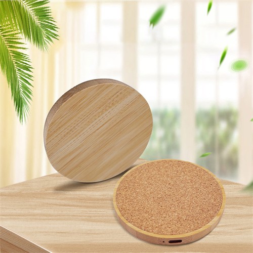 Ecofriendly Cork Wireless Charger Soft Wood Wireless Charging Station Round Model Bamboo or Wooden Base Customized logo for Promotion