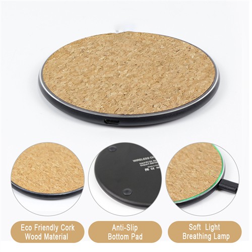 Soft Wood Wireless Charger Cork Wireless Charging Station Round Model Metallic Base Customized logo for Gifts