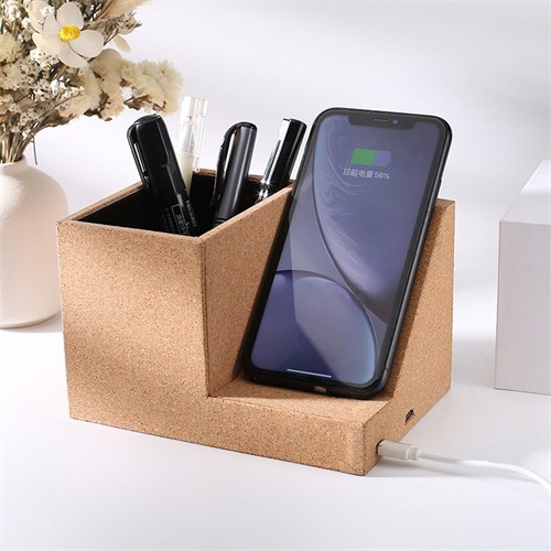 Multifunctional Cork Wireless Charging Station Soft Wood Wireless Charger Cork Pen Holder Customized logo for Gifts