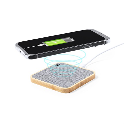 Sustainable RPET Wireless Charging Station Square Wireless Charger Bamboo or Wooden Base Customized logo for Promotion