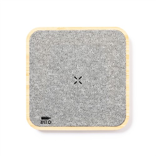 Sustainable RPET Wireless Charging Station Square Wireless Charger Bamboo or Wooden Base Customized logo for Promotion