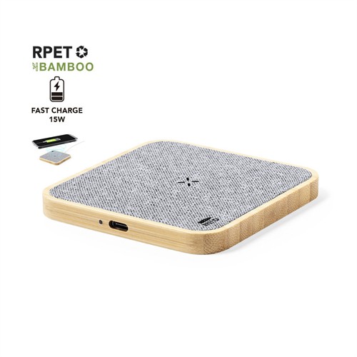 Sustainable RPET Wireless Charging Station Square Wireless Charger Bamboo or Wooden Base Customized logo for Promotion